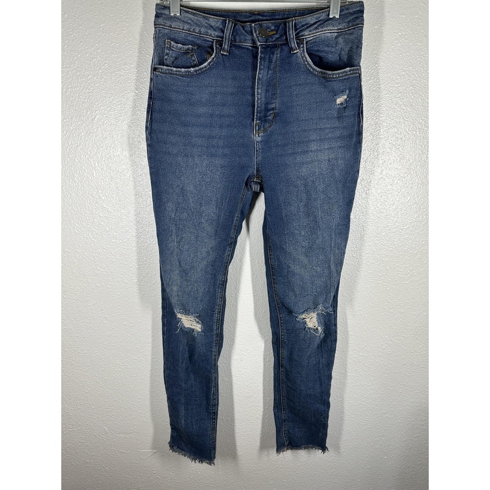 No Boundaries Jeans Juniors 5 Blue Distressed Skinny Raw Hem Medium Wash Denim